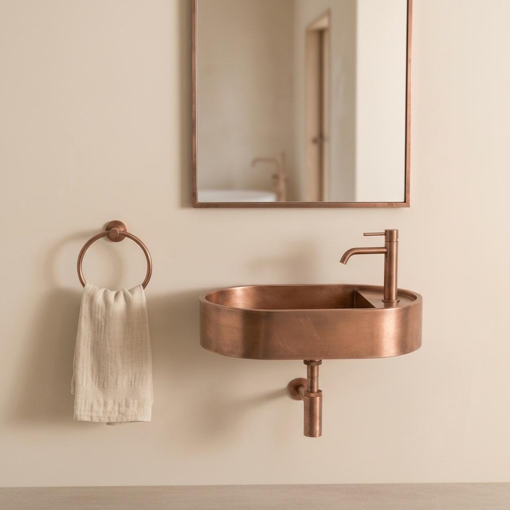 Rustic Copper Sink, Floating Vanity Washbasin - Wall Hung Oval Basin, Wabi Sabi Bathroom Decor, Farmhouse Vessel Sink, Lavatory