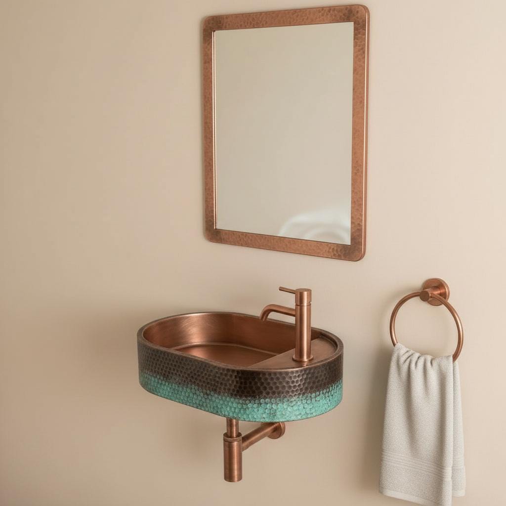Rustic Copper Sink, Wall Mounted Oval Washbasin - Verdigris Patina Vessel Sink, Green Blue Floating Basin, Farmhouse Bathroom Decor