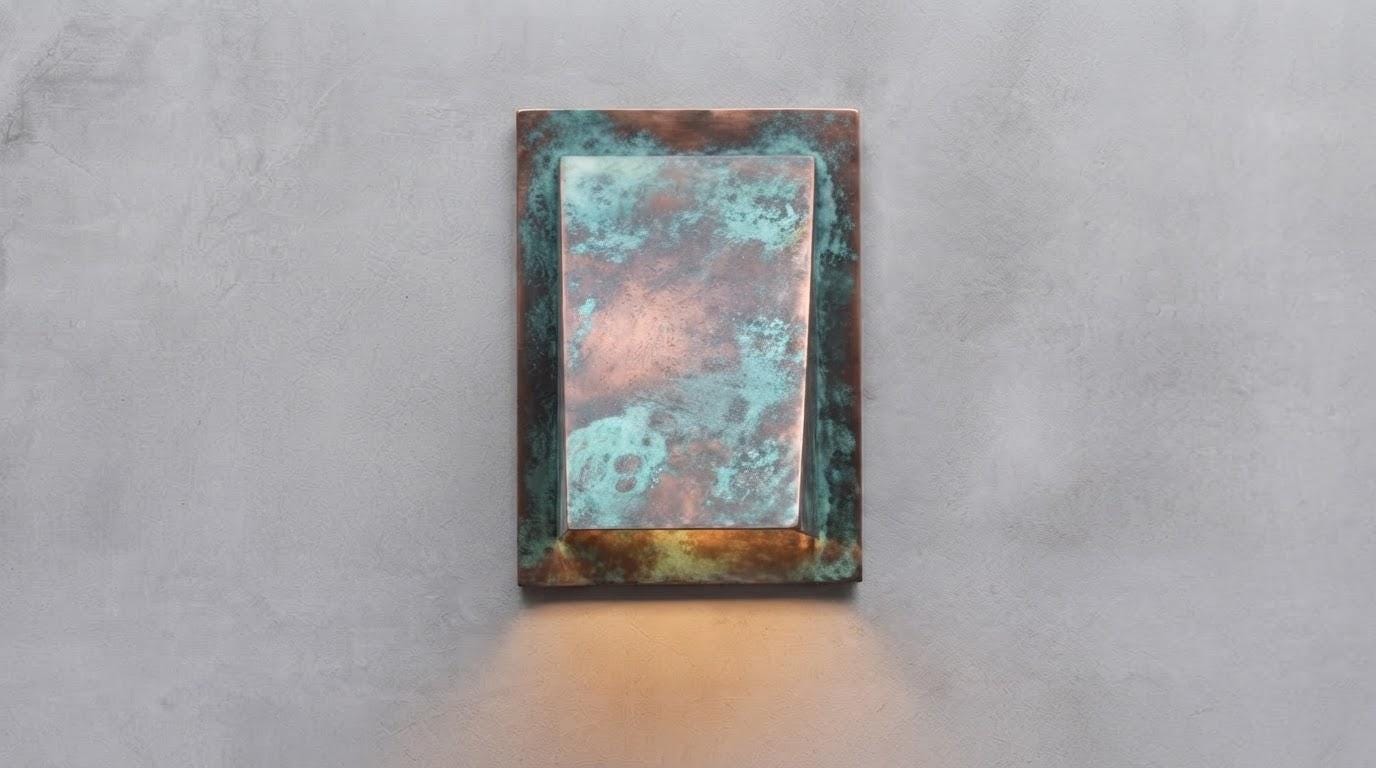 Rustic Copper Wall Sconce, Heavily Aged Wedge Wall Light, Weathered Indoor Outdoor Sconce, Handmade Rustic Entryway Porch Wall Lamp