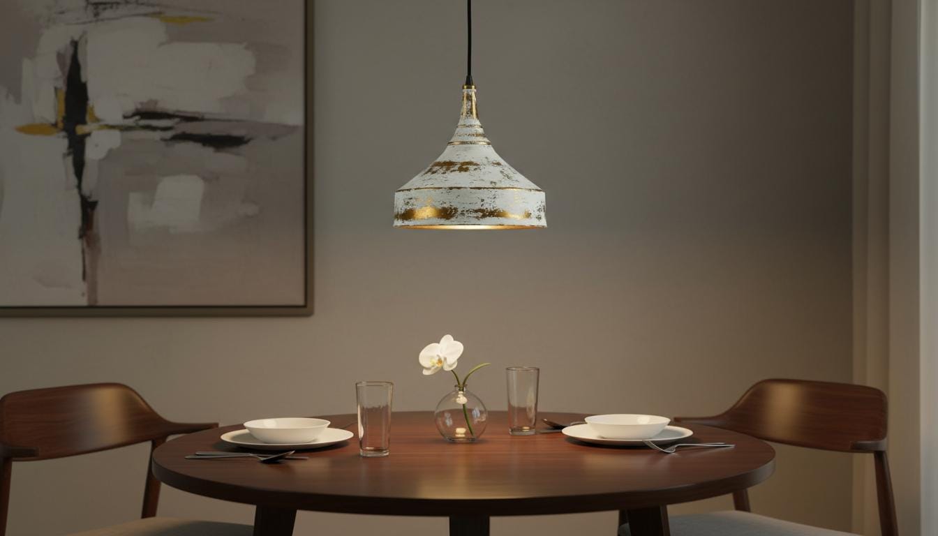 Rustic White Patina Brass Pendant Light - Farmhouse Dome Lamp