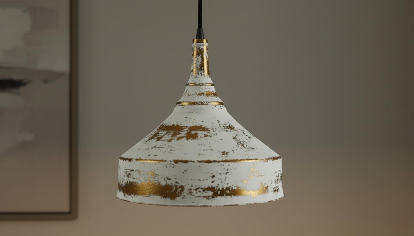 Rustic White Patina Brass Pendant Light - Farmhouse Dome Lamp