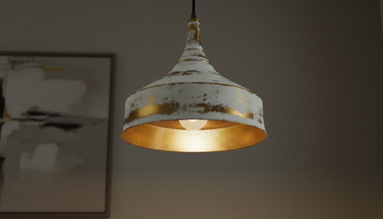 Rustic White Patina Brass Pendant Light - Farmhouse Dome Lamp