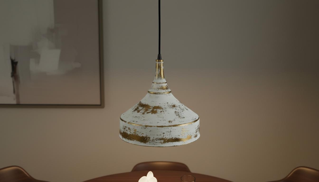 Rustic White Patina Brass Pendant Light - Farmhouse Dome Lamp