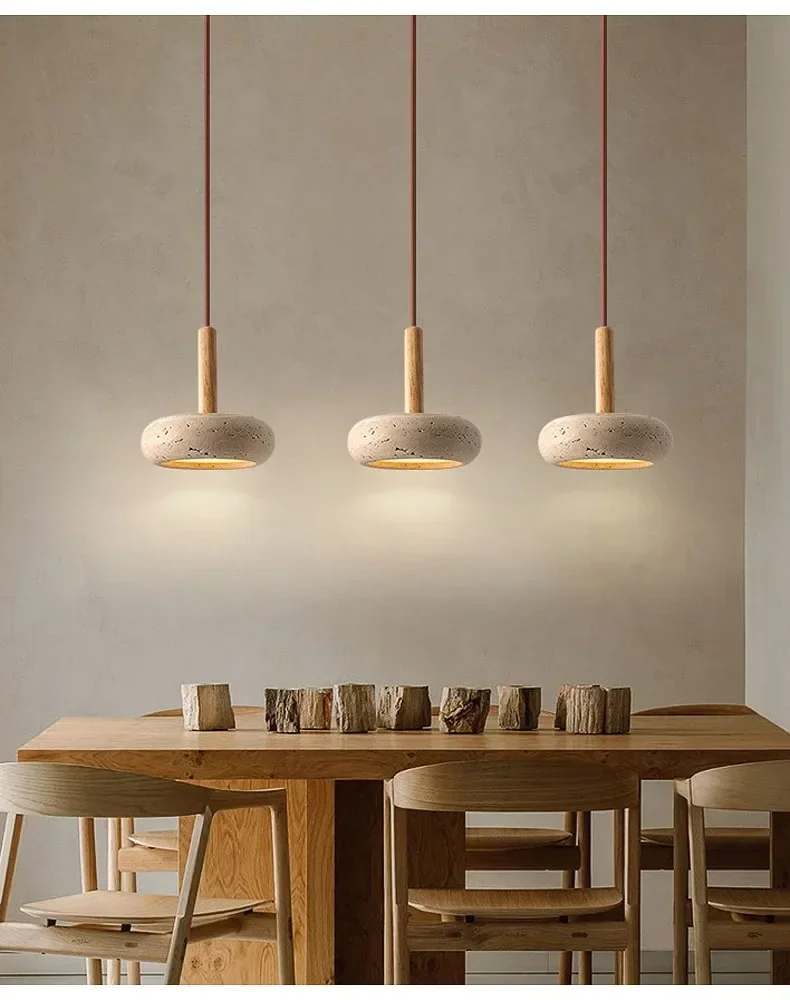 Osho Wabi Sabi Round Travertine and Wood Pendant Light