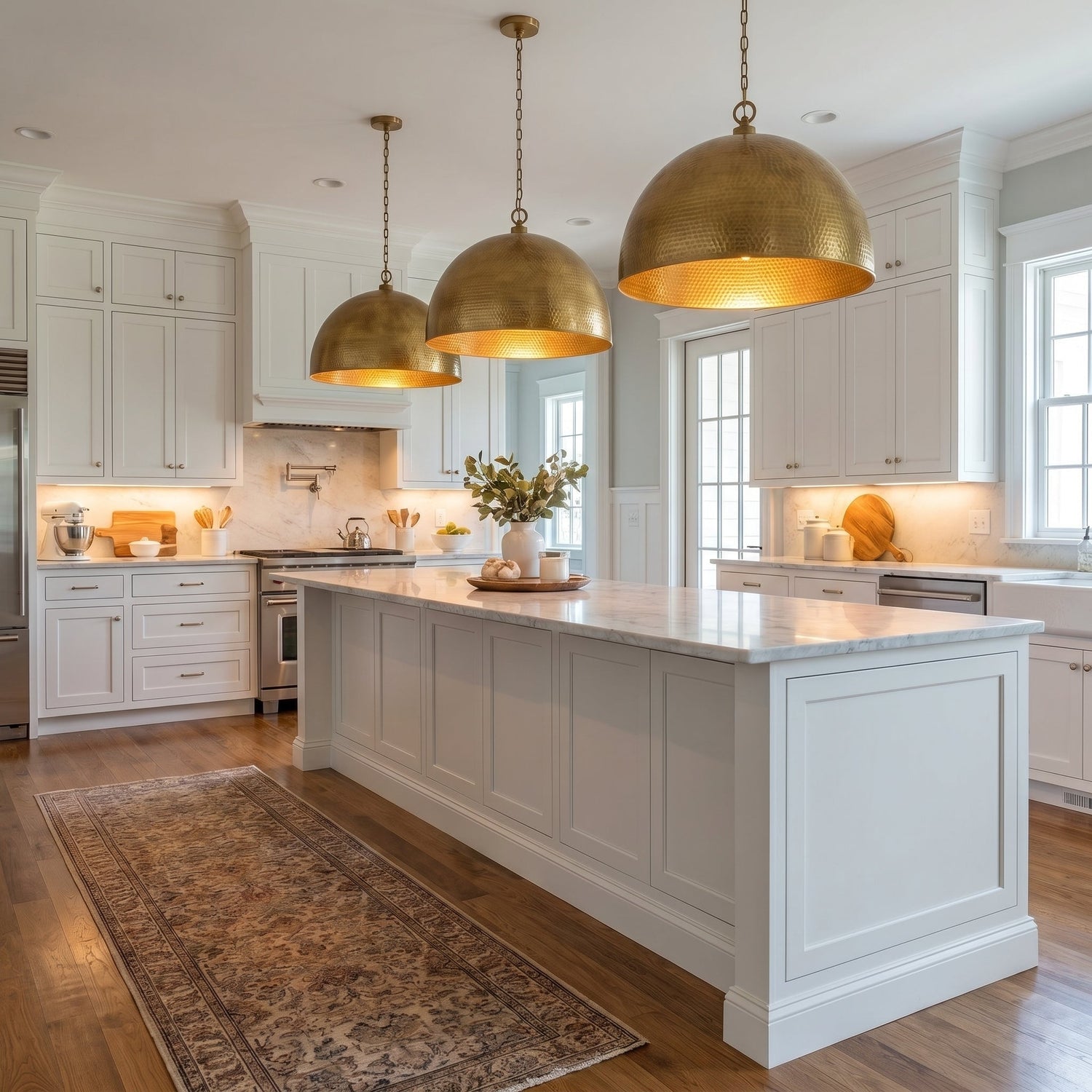 Set of 2 Hammered Brass Dome Pendant Lights - Kitchen Island Lamps