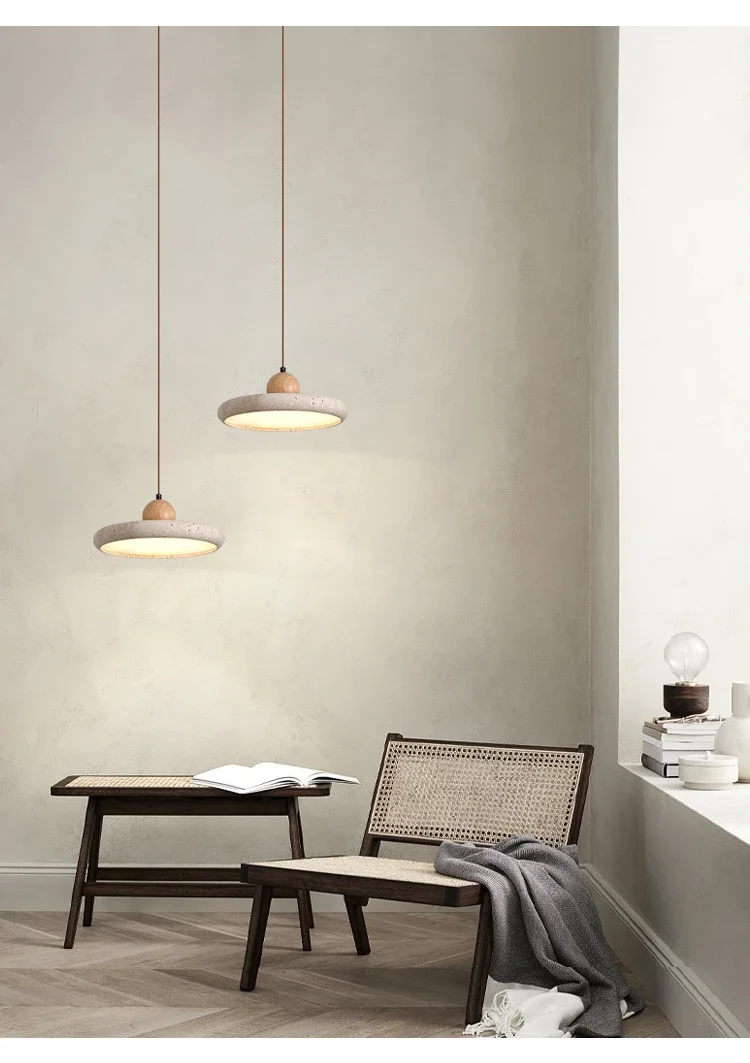 Mannelli Wabi Sabi Circular Travertine Strone and Wood Pendant Light