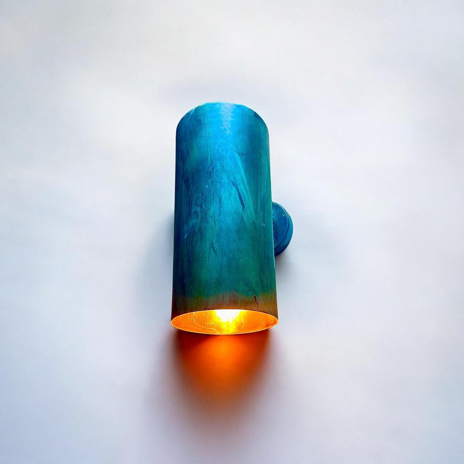 Set of 2 Oxidized Copper Cylinder Wall Sconces - Green Patina