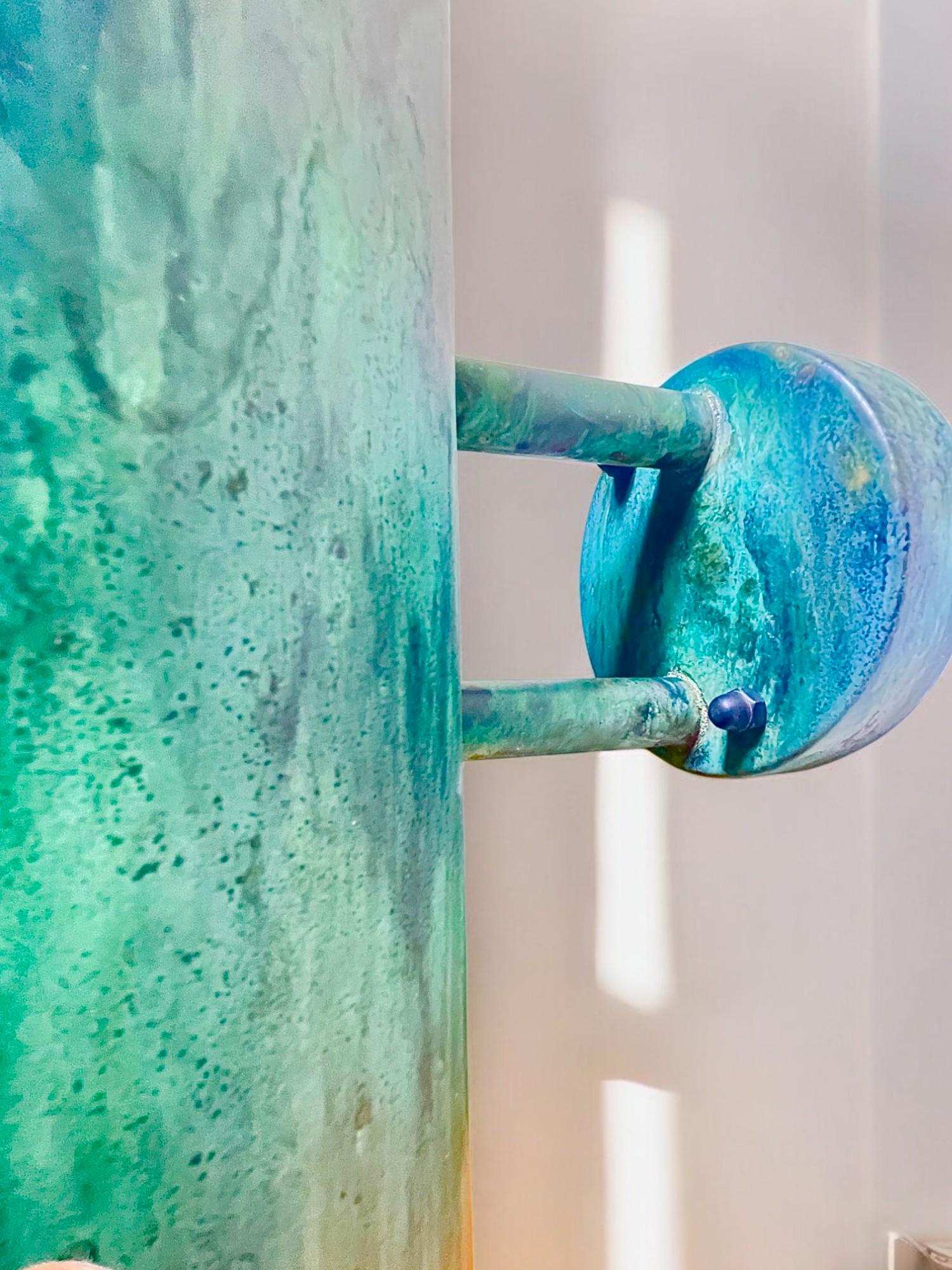 Set of 2 Oxidized Copper Cylinder Wall Sconces - Green Patina
