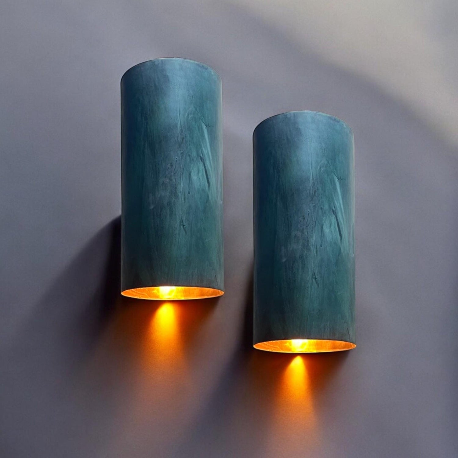Set of 2 Oxidized Copper Cylinder Wall Sconces - Green Patina