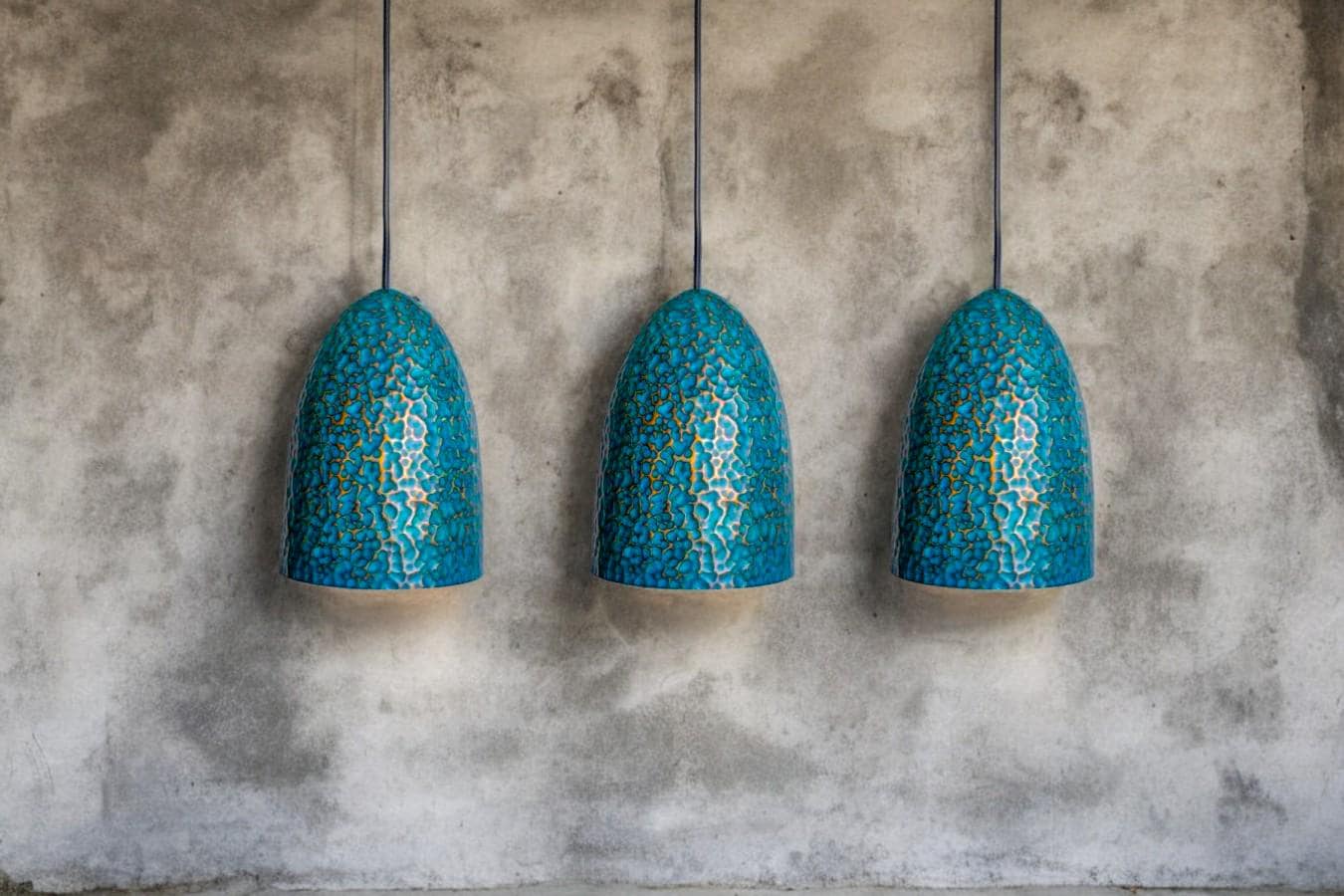 Set of 3 Oxidized Copper Pendant Lamps - Hammered Kitchen Island Lights