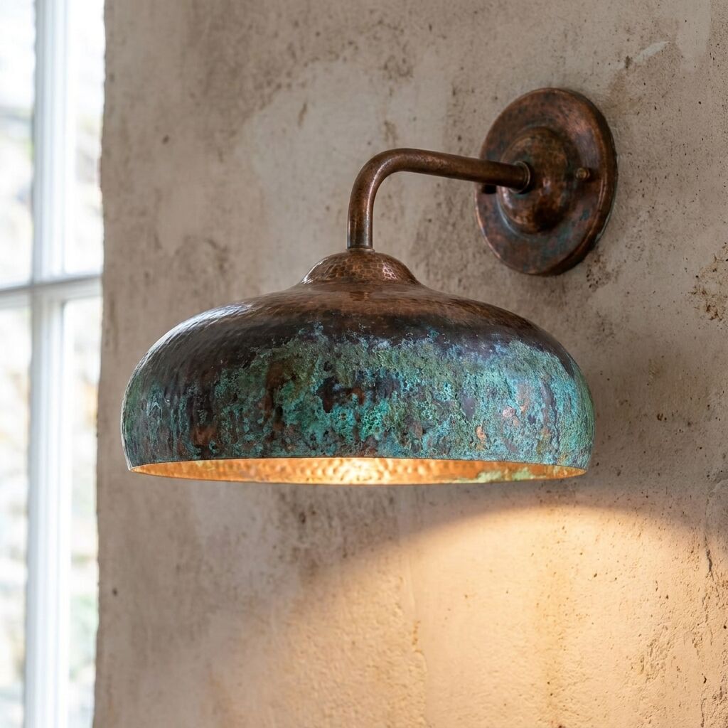 Set of 3 Hammered Copper Wall Lamps – Green Patina Rustic Vintage Lighting