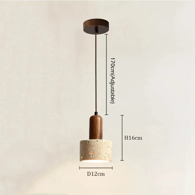 Ora Wabi Sabi Cylinder Travertine Stone and Wood Pendant Light