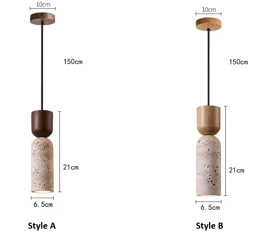 Auren Wabi Sabi Cylinder Travertine Stone and Wood Pendant Light