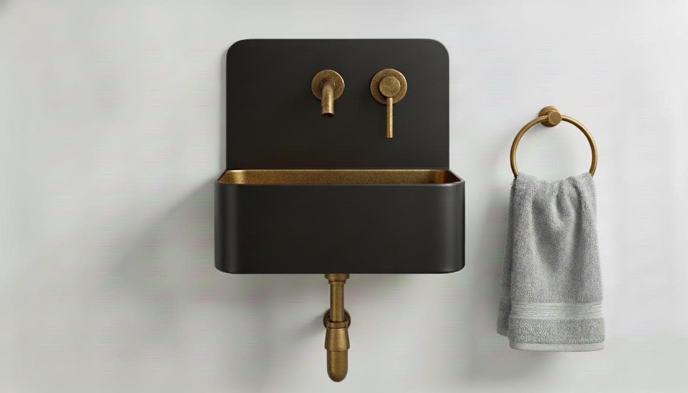 Solid Brass and black patina Wall Mounted Bathroom Sink - Handcrafted Industrial Basin - Modern Space Vanity Sink with Backsplash Set