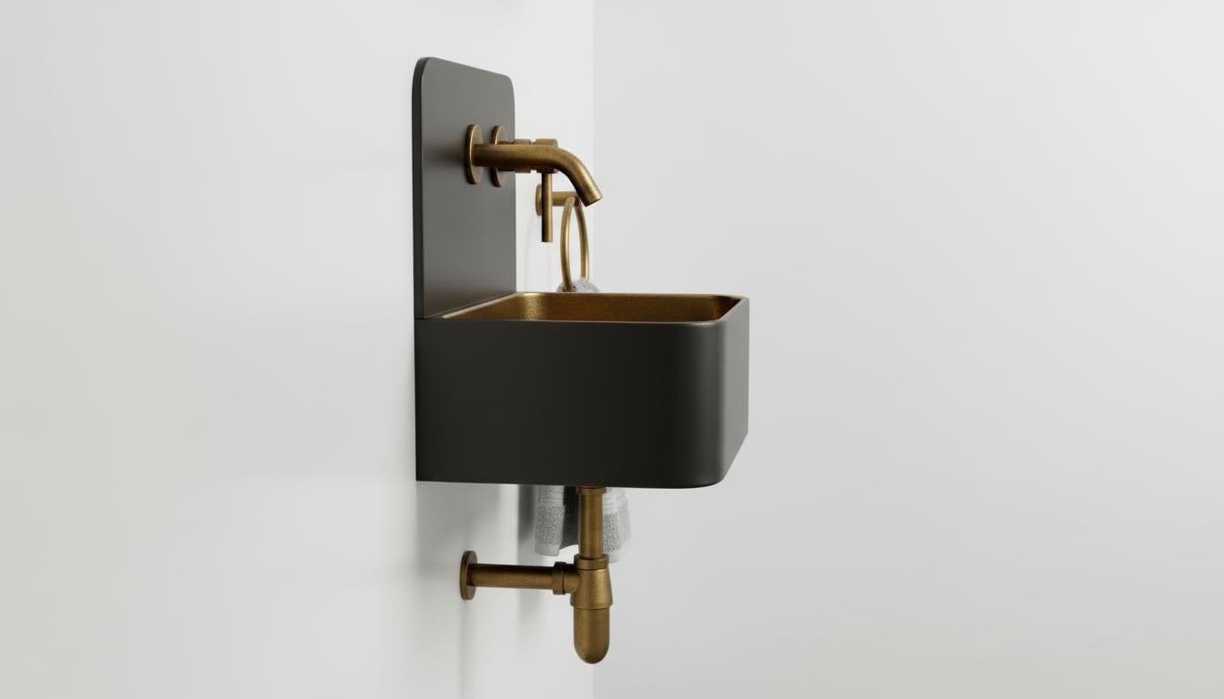 Solid Brass and black patina Wall Mounted Bathroom Sink - Handcrafted Industrial Basin - Modern Space Vanity Sink with Backsplash Set