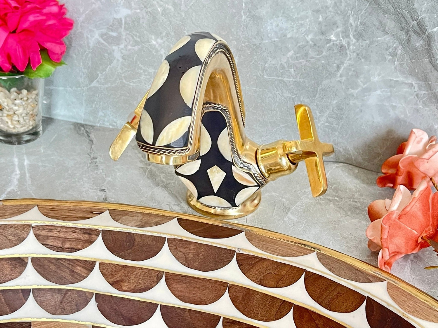 Solid Brass Bathroom Faucet - Black Resin Inlay Double Handle Tap