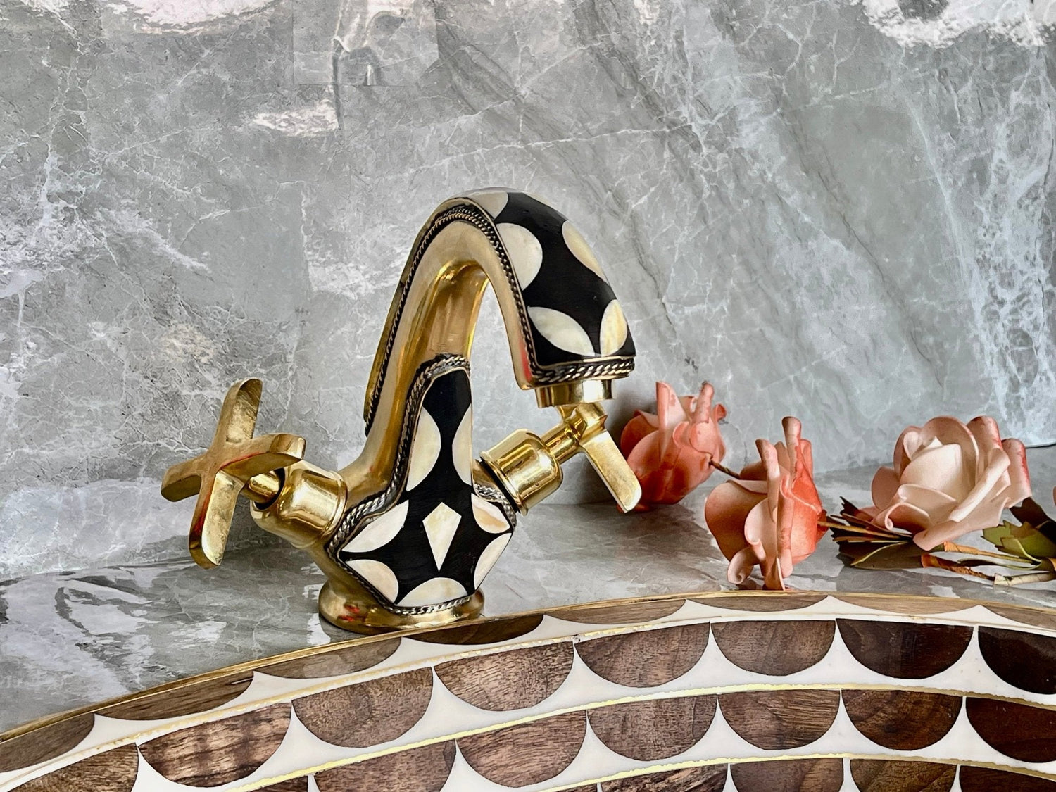 Solid Brass Bathroom Faucet - Black Resin Inlay Double Handle Tap