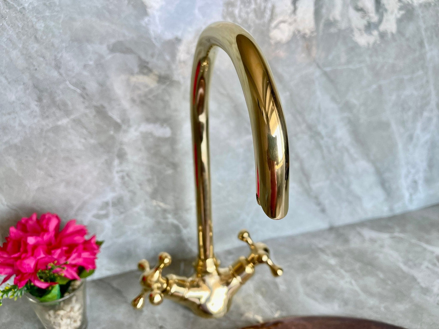 Solid Brass Bathroom Faucet - Gold Cross Handle Single Hole Mixer