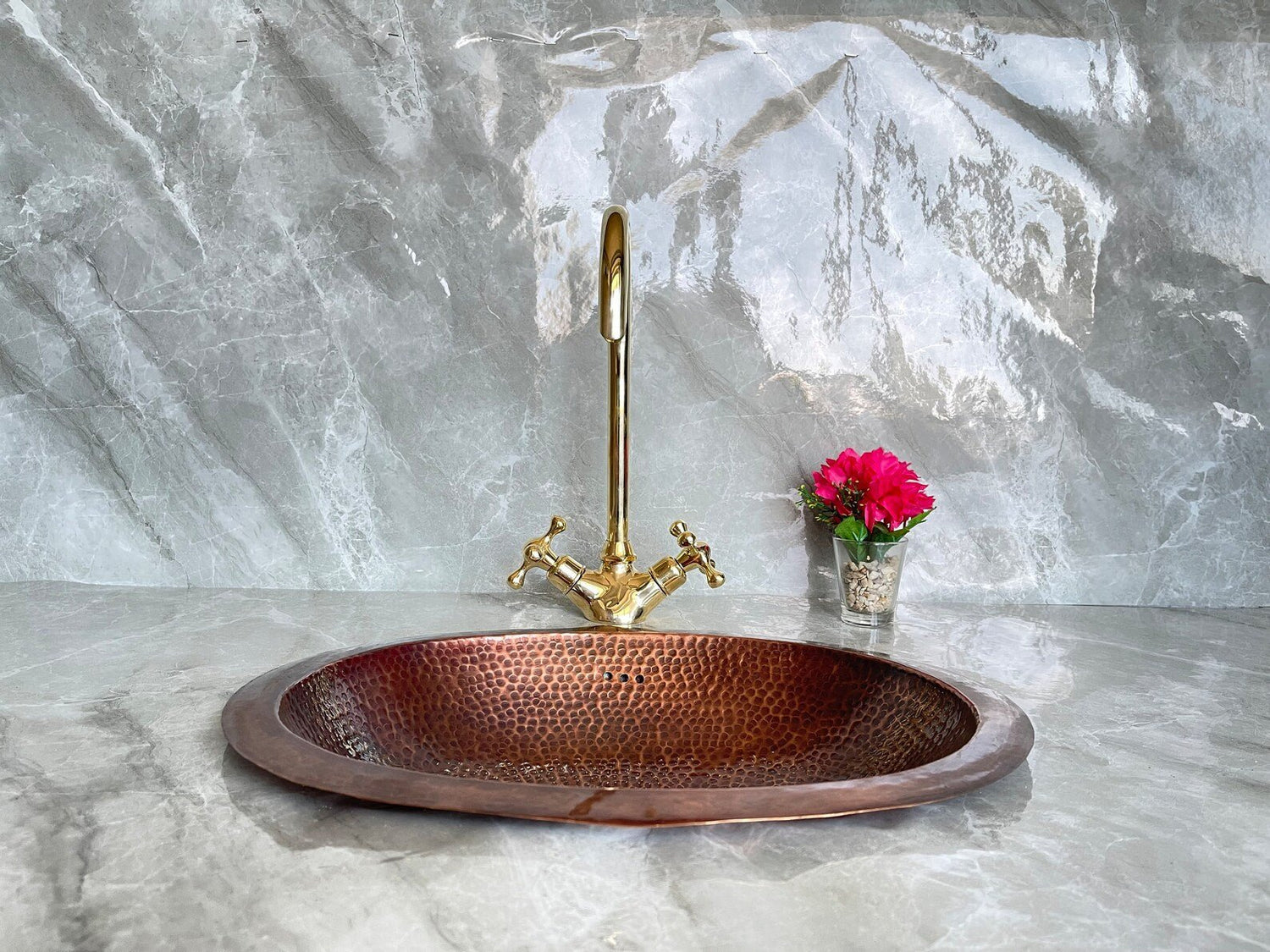 Solid Brass Bathroom Faucet - Gold Cross Handle Single Hole Mixer