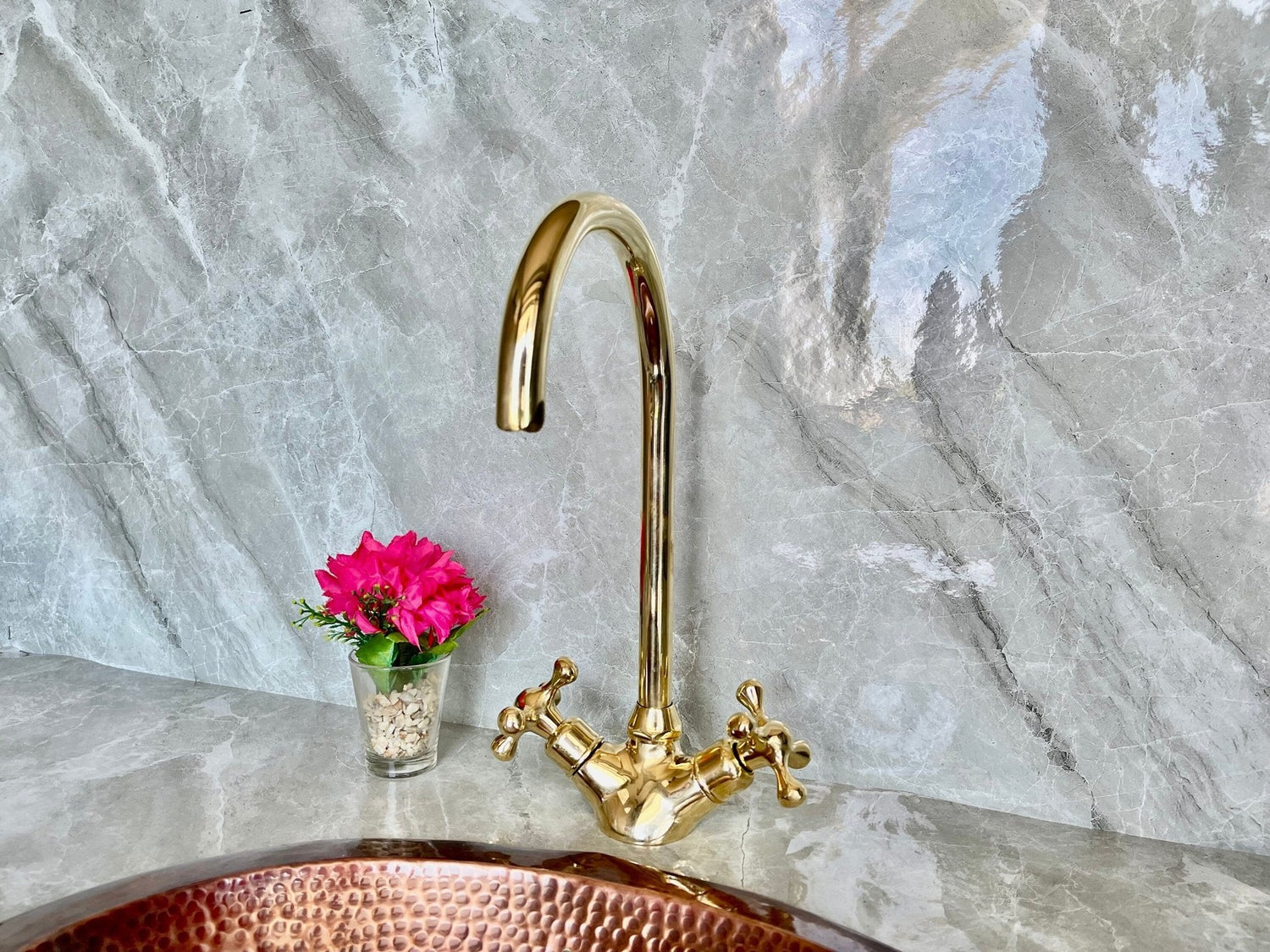 Solid Brass Bathroom Faucet - Gold Cross Handle Single Hole Mixer