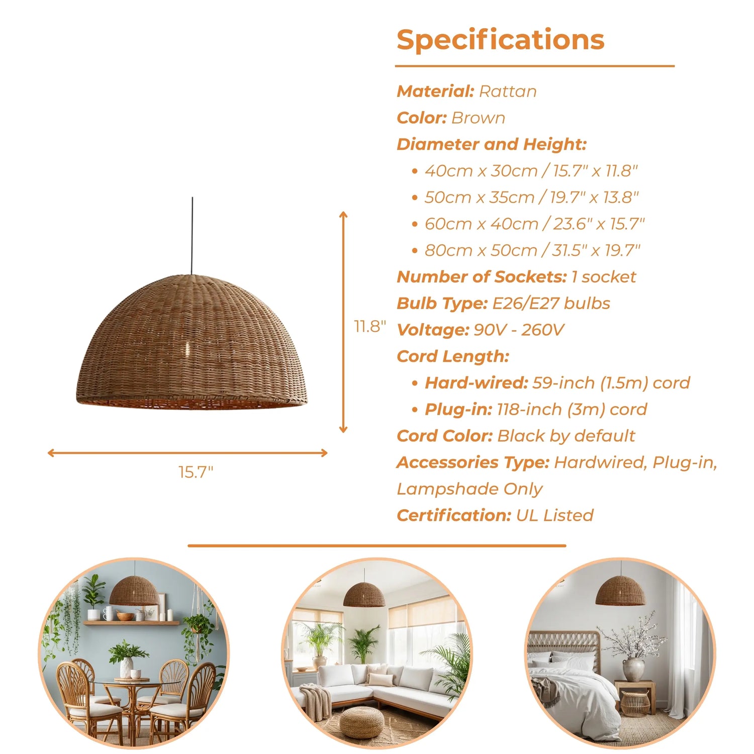 Thaely Dome Wicker Rattan Pendant Light Modern Boho Kitchen Island