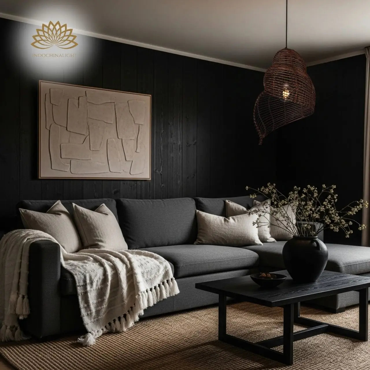 Shell Spiral Black Rattan Pendant Light