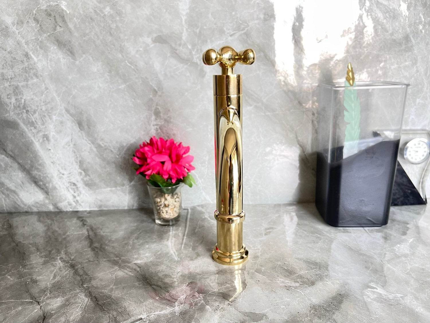 Tall Solid Brass Vessel Sink Faucet - Gold Single Handle Mixer