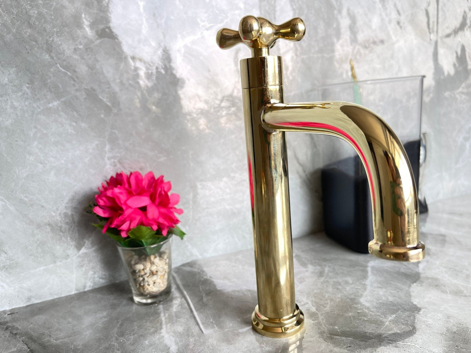 Tall Solid Brass Vessel Sink Faucet - Gold Single Handle Mixer