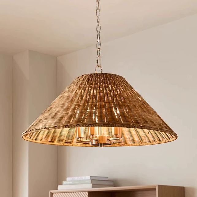 Timor Rattan Drum Wicker Pendant Light - Gold Socket 5 Bulbs