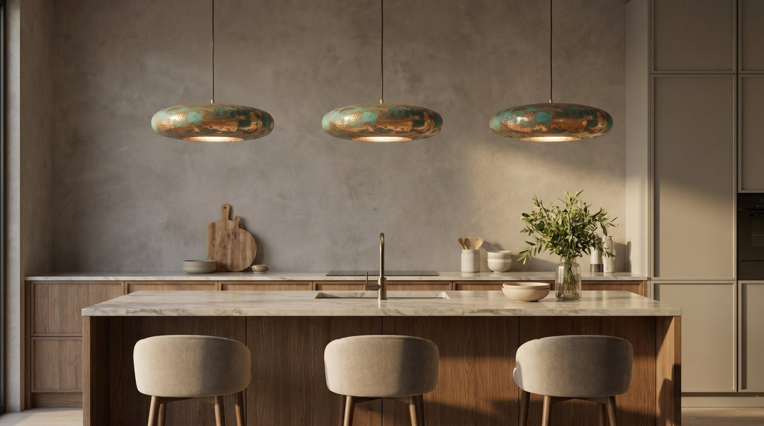 Turquoise Patina Brass Pendant Light - Green Gold Hammered Saucer Lamp