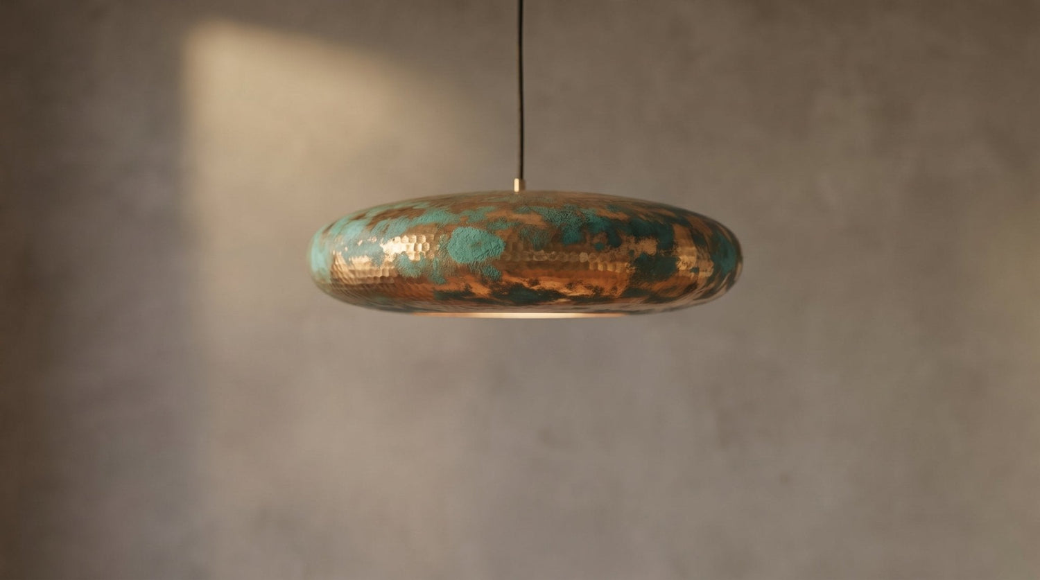 Turquoise Patina Brass Pendant Light - Green Gold Hammered Saucer Lamp