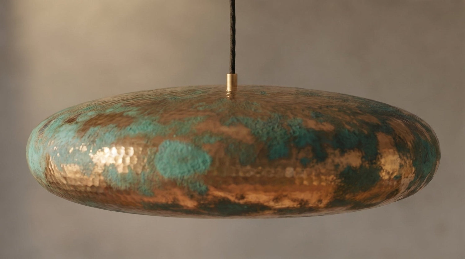 Turquoise Patina Brass Pendant Light - Green Gold Hammered Saucer Lamp