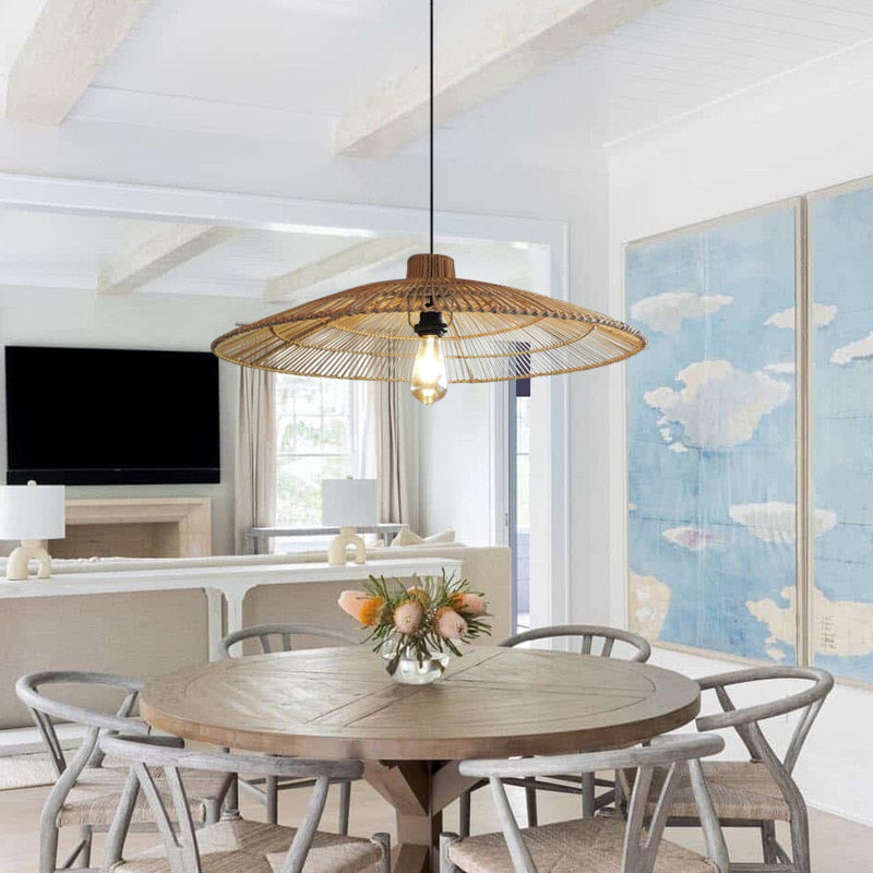 Umbrella Rattan Flat Round Pendant Light