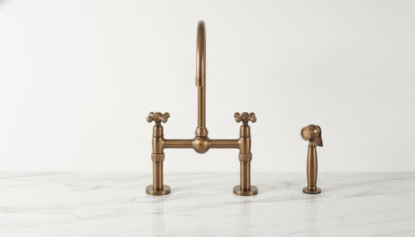 Unlacquered Aged Bronze Bridge Kitchen Faucet - Vintage Farmhouse Tap
