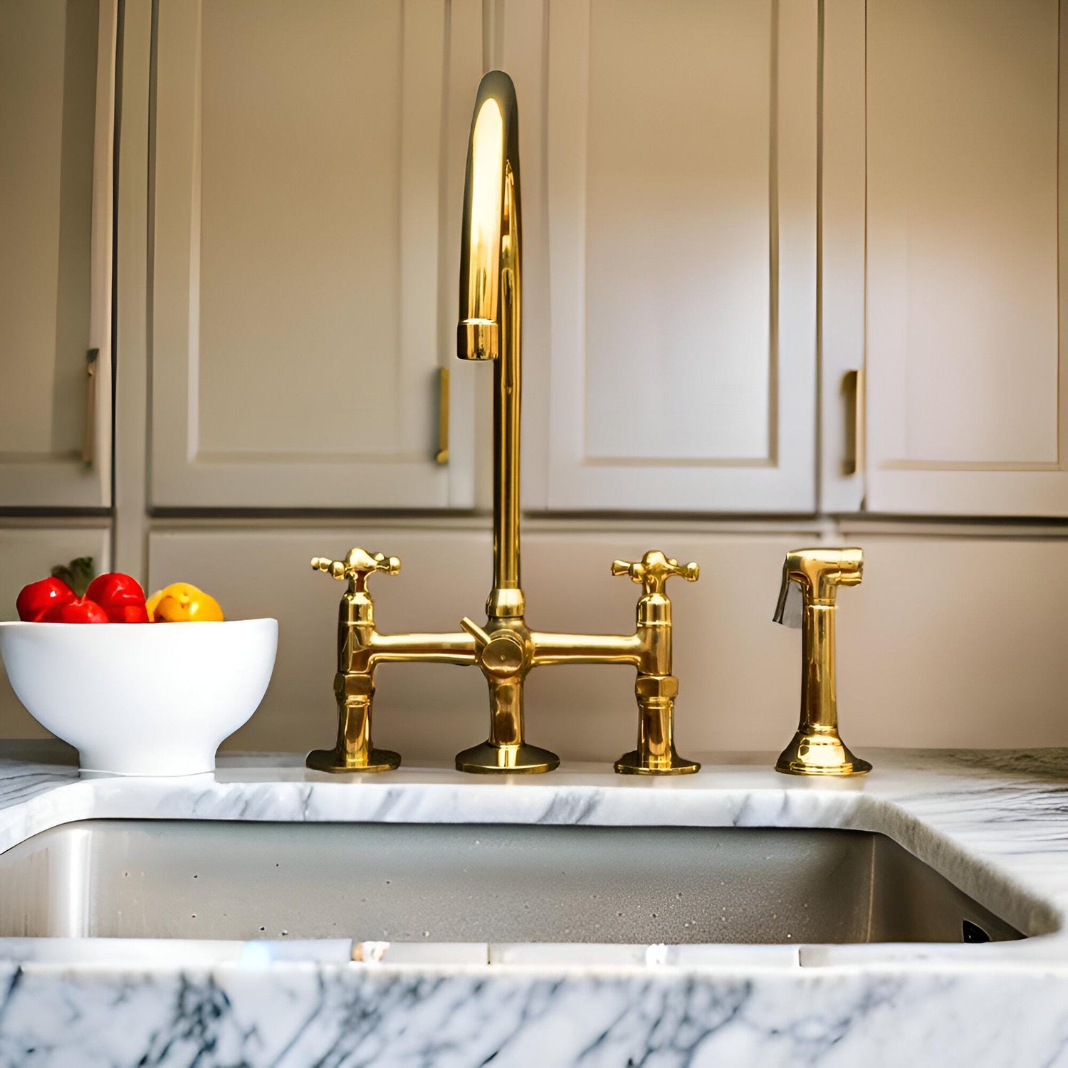 Unlacquered Brass 3-Hole Kitchen Bridge Faucet with Side Spray