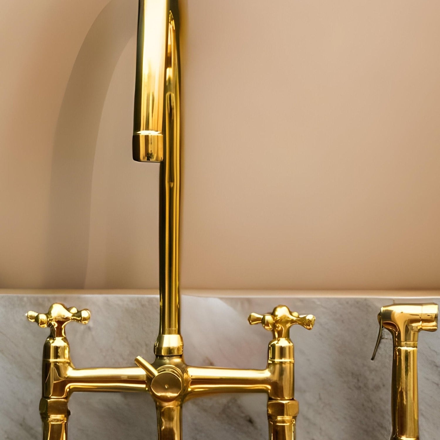 Unlacquered Brass 3-Hole Kitchen Bridge Faucet with Side Spray
