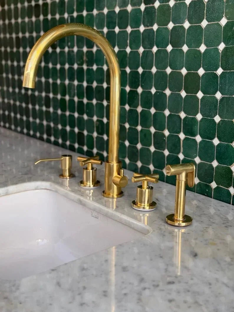 Unlacquered Brass Kitchen Faucet with Side Sprayer and Soap Dispenser