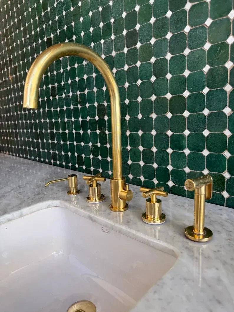 Unlacquered Brass Kitchen Faucet with Side Sprayer and Soap Dispenser