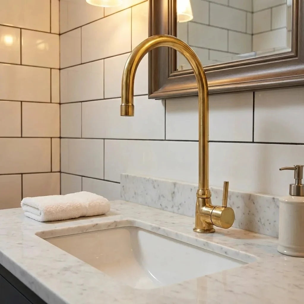 Unlacquered Brass Bathroom Faucet with Single Handle Mixer