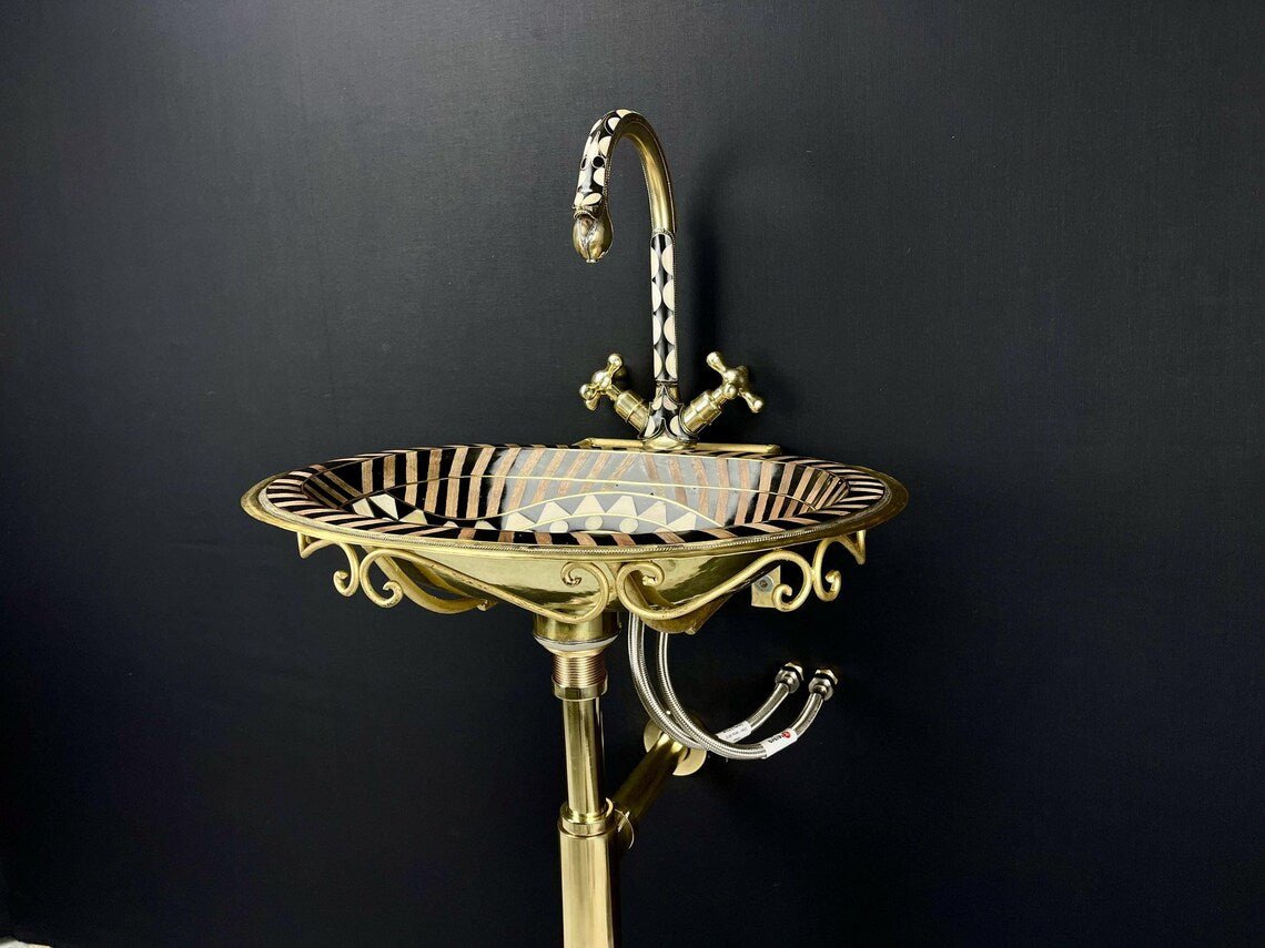 Unlacquered Brass Bathroom Sink & Faucet Set - Black Resin & Bone Inlay
