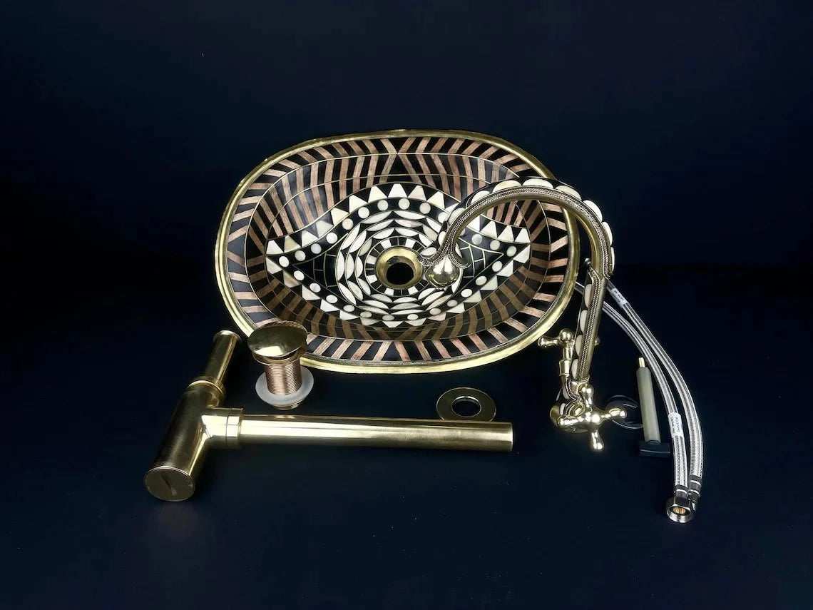 Unlacquered Brass Bathroom Sink & Faucet Set - Black Resin & Bone Inlay