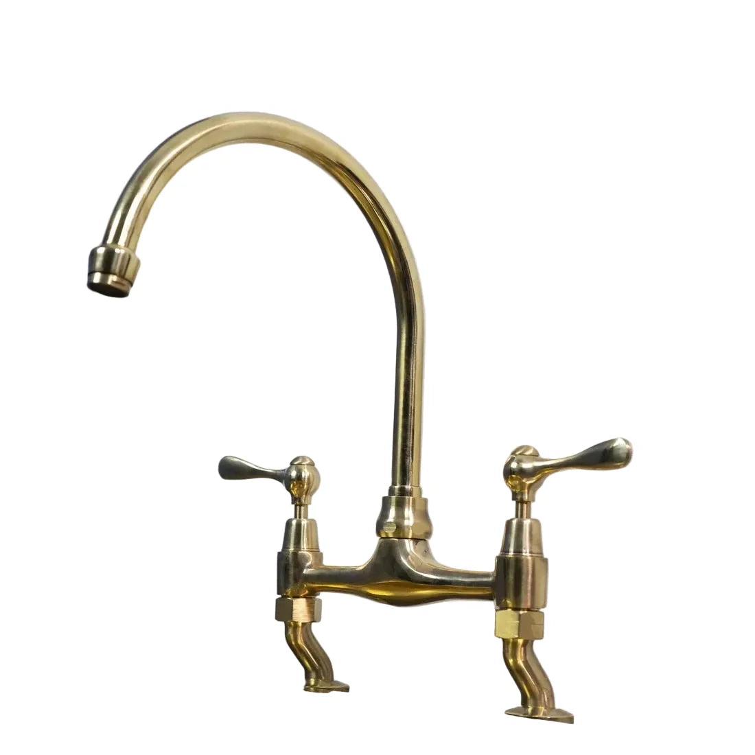 Unlacquered Brass Bridge Kitchen Faucet with Dual Handles and Gooseneck Spout