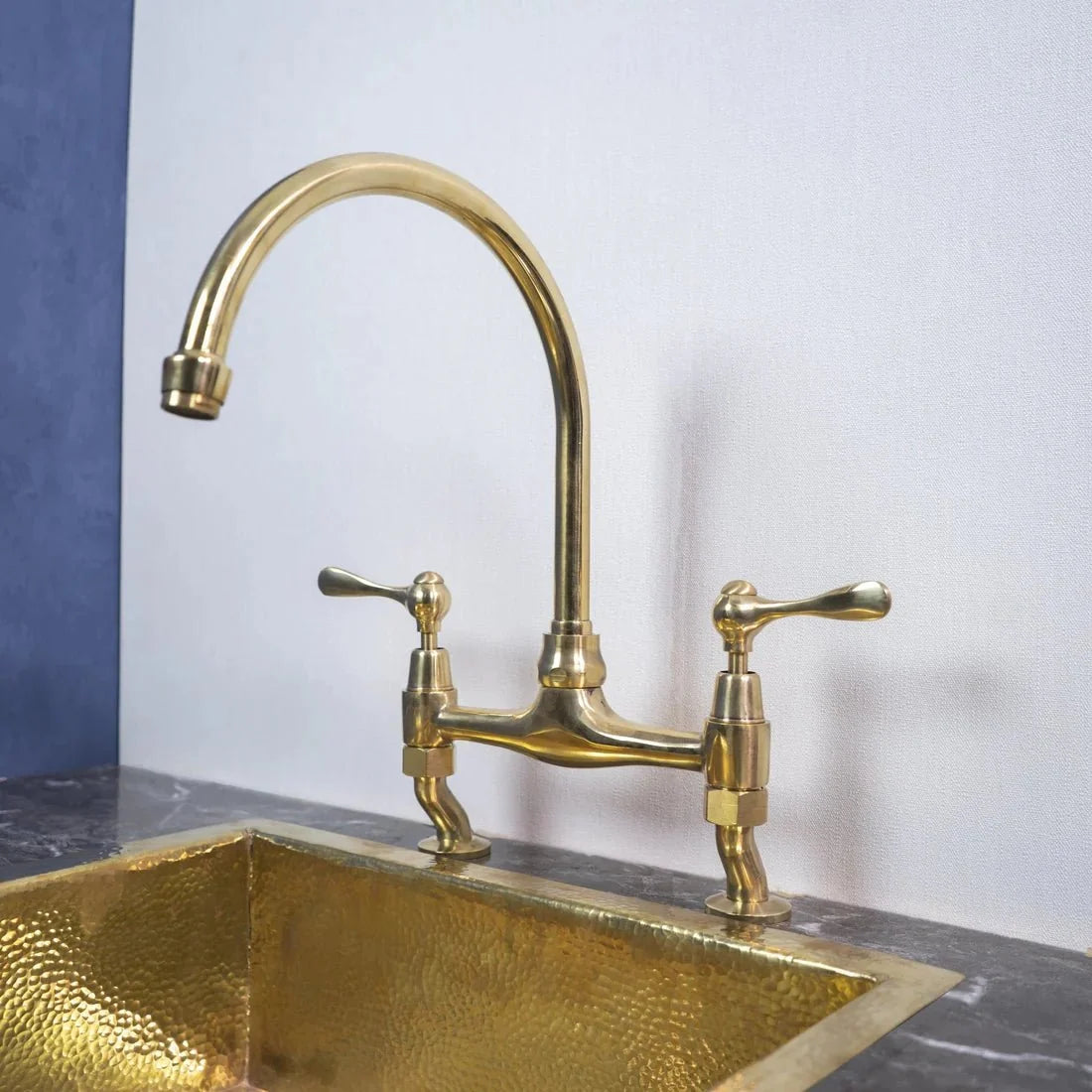 Unlacquered Brass Bridge Kitchen Faucet with Dual Handles and Gooseneck Spout