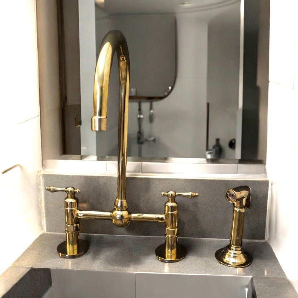 Unlacquered Brass Bridge Kitchen Faucet - Linear Legs & Lever Handles