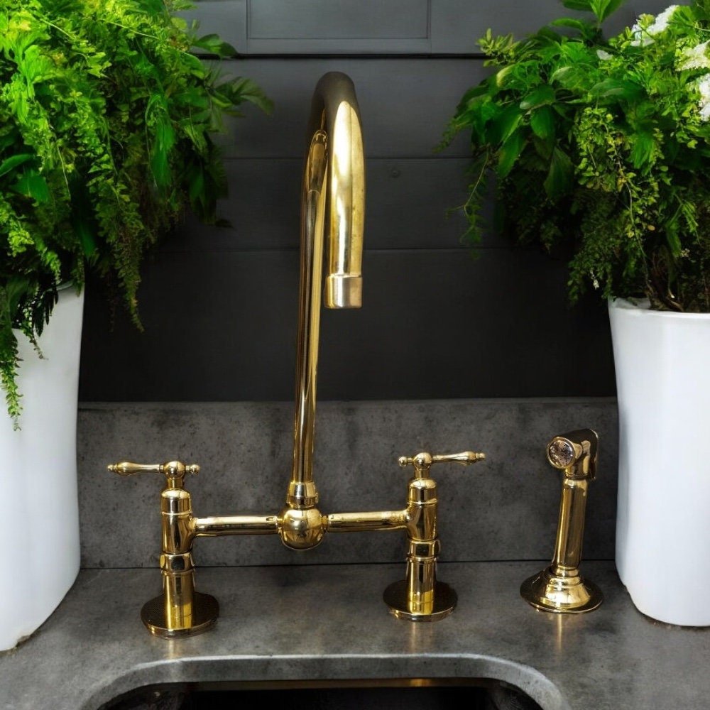 Unlacquered Brass Bridge Kitchen Faucet - Linear Legs & Lever Handles