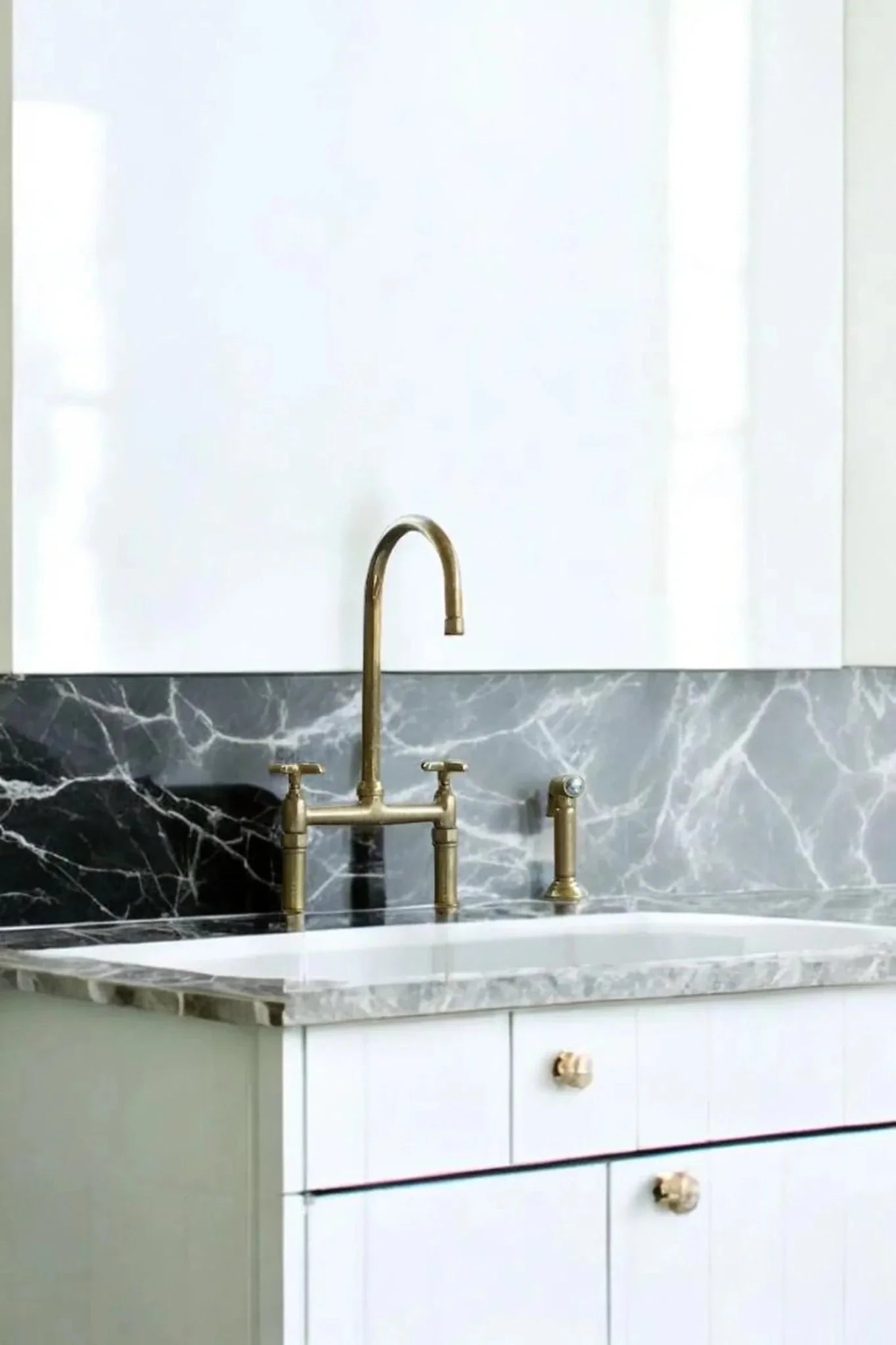 Unlacquered Brass Bridge Kitchen Faucet - Linear Legs & Side Sprayer