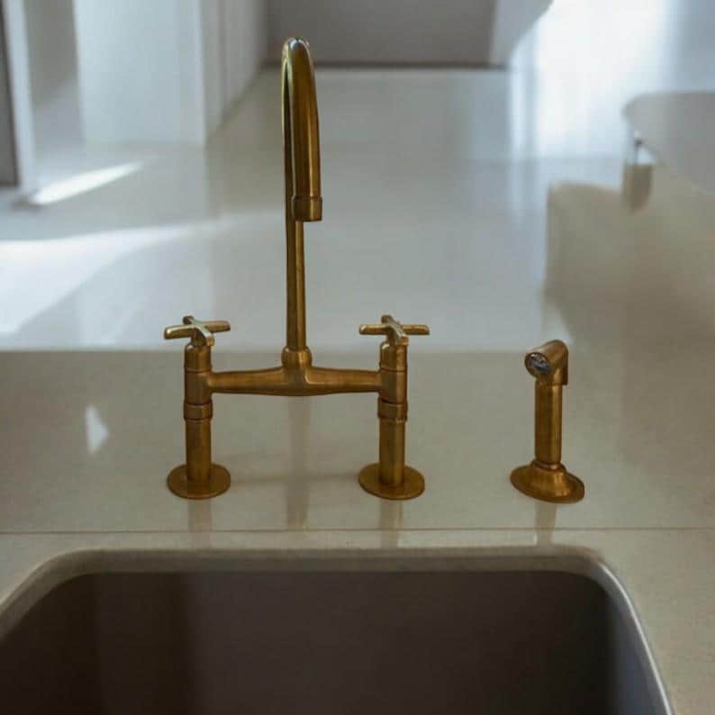 Unlacquered Brass Bridge Kitchen Faucet - Linear Legs & Side Sprayer