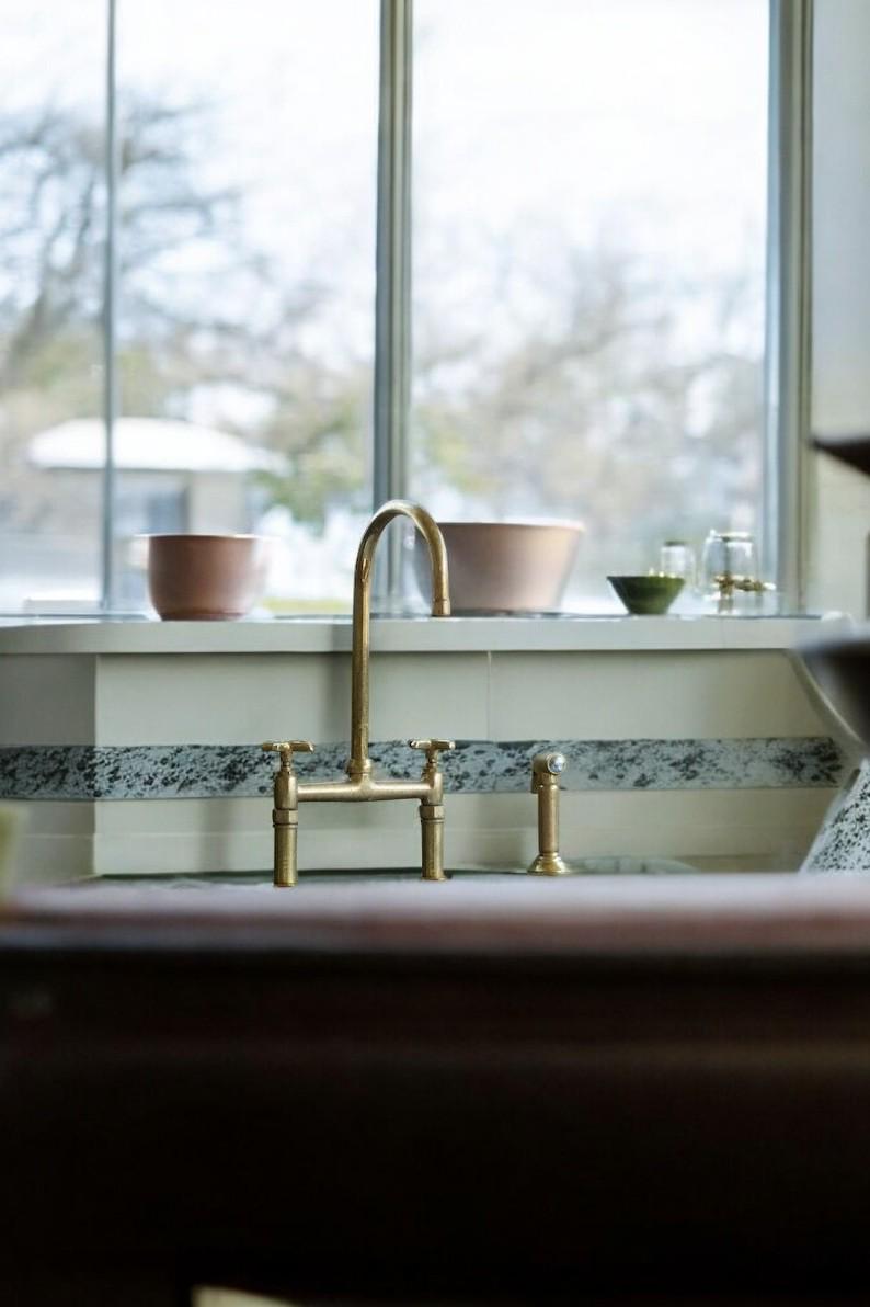 Unlacquered Brass Bridge Kitchen Faucet - Linear Legs & Side Sprayer