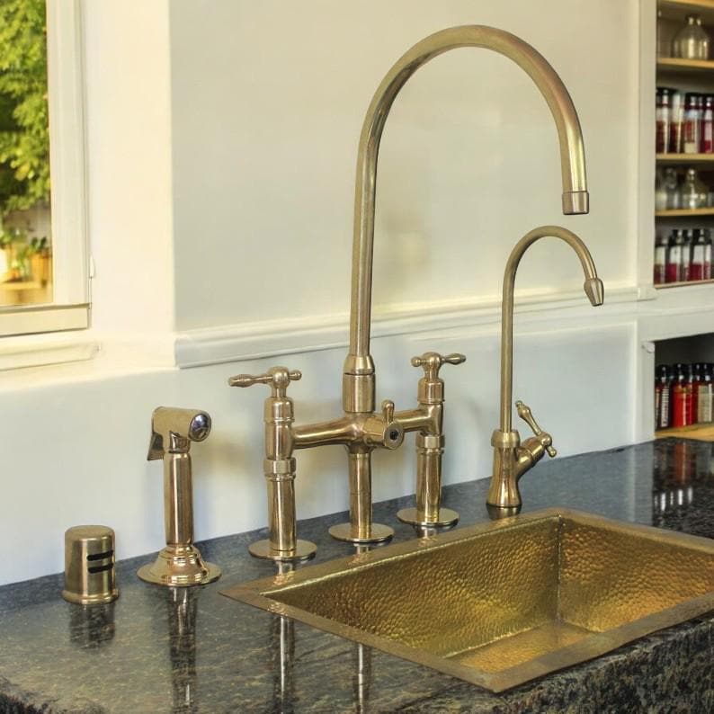 Unlacquered Brass Bridge Kitchen Faucet Set with Filter & Sprayer