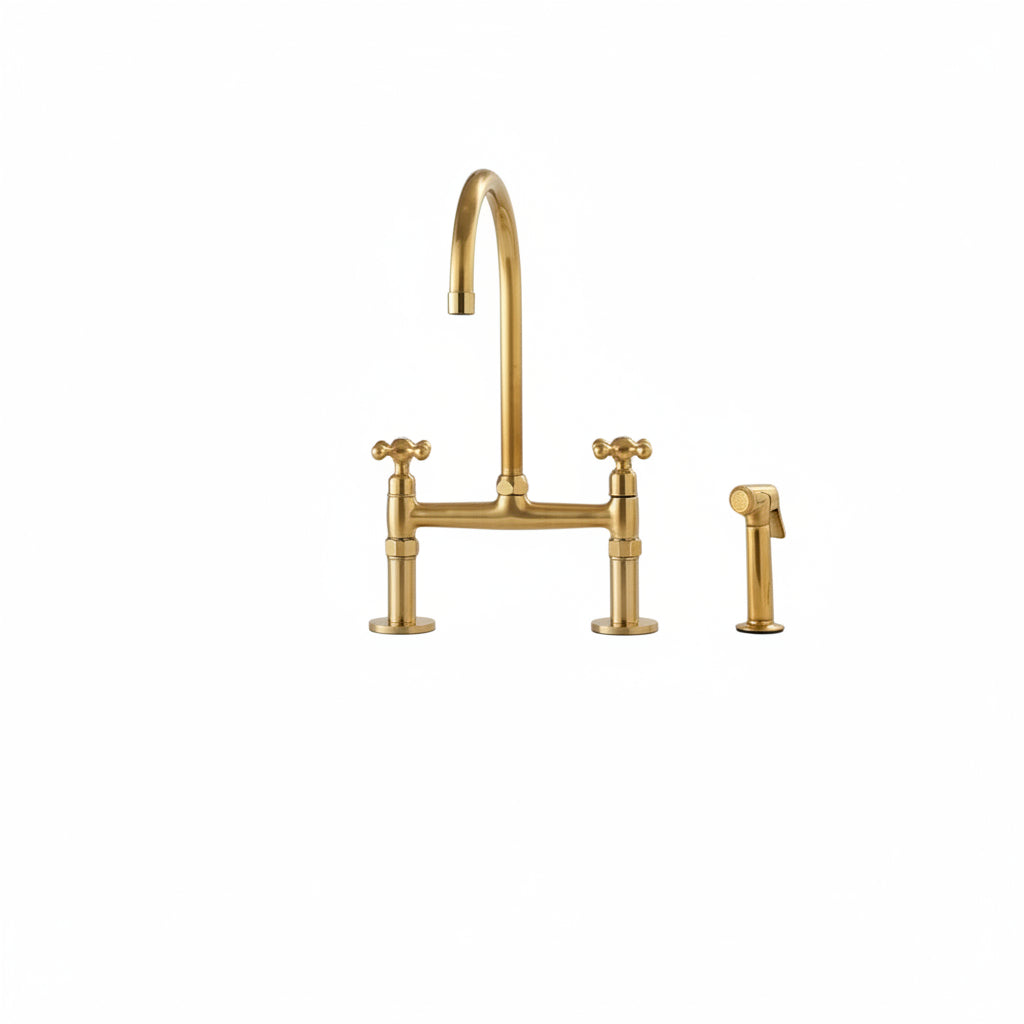 Unlacquered Brass Kitchen Faucet Set with Side Spray and Drinking Water Tap